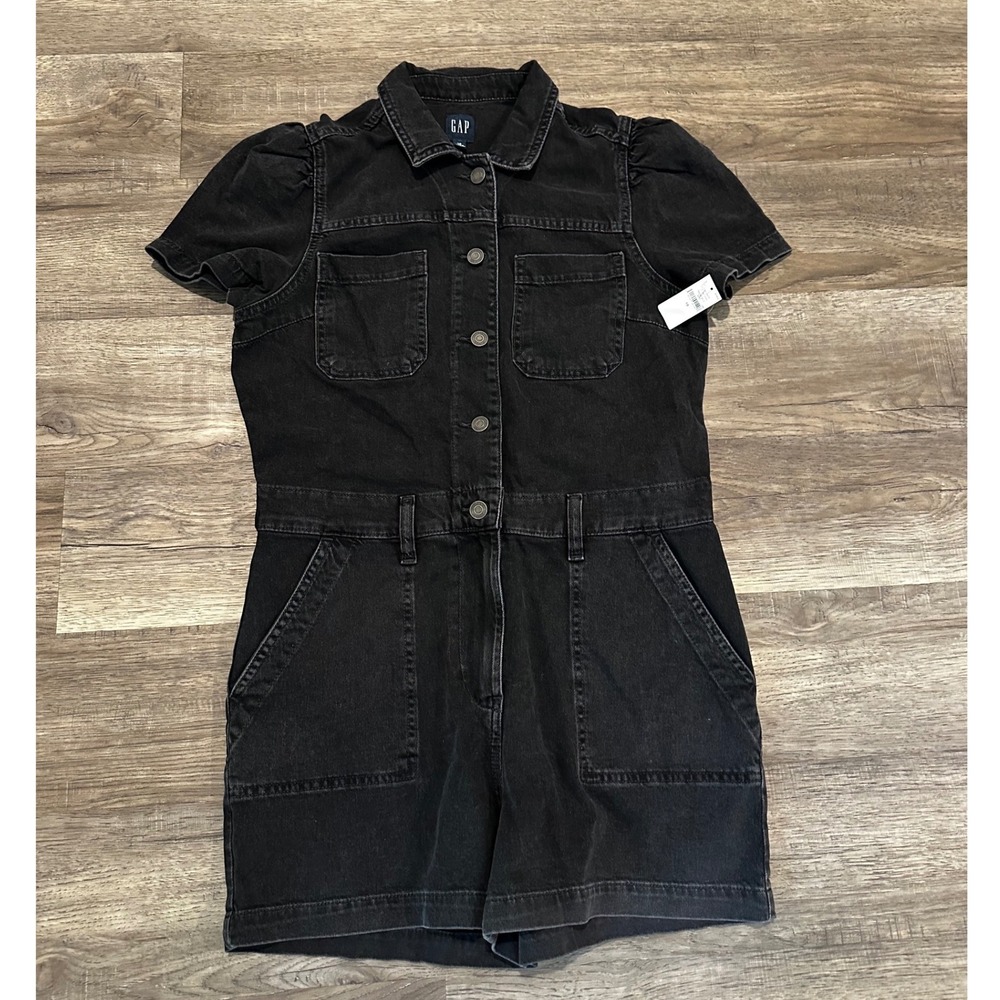 GAP Women Black Denim Puff Sleeve Button Front Utility Romper Size 10 NWT